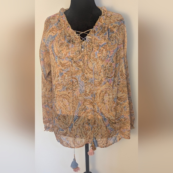 Democracy Tops - Democracy Womens Yellow Brown Paisley Sheer Peasant Top + Blouse Size L $88 EUC